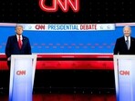 US President Joe Biden, right, and former US President Donald Trump during the first presidential debate in Atlanta, Georgia, US, on Thursday, June 27, 2024. 
