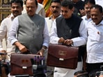 Deputy CM Ajit Pawar and Deepak Kerserkar before presenting the budget at Vidhan Bhavan on Tuesday. (Anshuman Poyrekar/ Hindustan Times) Deputy CM Ajit Pawar and Deepak Kerserkar before presenting the budget at Vidhan Bhavan on Tuesday. (Anshuman Poyrekar/ Hindustan Times)