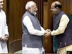 Prime Minister Narendra Modi and Leader of the Opposition Rahul Gandhi with newly elected Lok Sabha speaker Om Birla at Parliament House in New Delhi on Wednesday. Prime Minister Narendra Modi and Leader of the Opposition Rahul Gandhi with newly elected Lok Sabha speaker Om Birla at Parliament House in New Delhi on Wednesday.