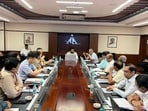 Union civil aviation minister Ram Mohan Naidu Kinjarapu during the high-level review meeting with key officials.
