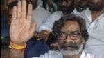 Former Jharkhand chief minister and JMM leader Hemant Soren waves after being released from Birsa Munda Jail on Friday. (PTI Photo)