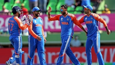 India's Axar Patel and teammates celebrate the wicket of England's captain Jos Buttler during their semi-final match in the ICC Mens T20 World Cup (BCCI-X) India's Axar Patel and teammates celebrate the wicket of England's captain Jos Buttler during their semi-final match in the ICC Mens T20 World Cup (BCCI-X)