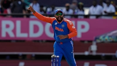 India's captain Rohit Sharma celebrates the run-out of England's Adil Rashid during the ICC Men's T20 World Cup second semifinal cricket match (AP) India's captain Rohit Sharma celebrates the run-out of England's Adil Rashid during the ICC Men's T20 World Cup second semifinal cricket match (AP)