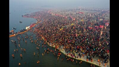 An aerial view shows devotees gathered at Sangam to take a holy dip (PTI File) An aerial view shows devotees gathered at Sangam to take a holy dip (PTI File)