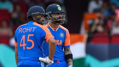 Rohit Sharma (L) and Virat Kohli (R) of India during the ICC Men's T20 CWC 2nd Semi-Final match between England and India at Guyana (AFP)