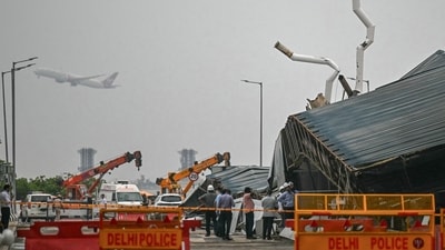 Rescuers work at the collapsed terminal roof of New Delhi's international airport after heavy rains in New Delhi on June 28, 2024. (AFP) Rescuers work at the collapsed terminal roof of New Delhi's international airport after heavy rains in New Delhi on June 28, 2024. (AFP)