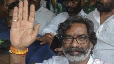 Former Jharkhand chief minister and JMM leader Hemant Soren waves after being released from Birsa Munda Jail on Friday. (PTI Photo) Former Jharkhand chief minister and JMM leader Hemant Soren waves after being released from Birsa Munda Jail on Friday. (PTI Photo)
