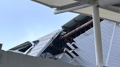 A view of the damage to a part of a departure terminal canopy at New Delhi’s Indira Gandhi International Airport. (AP) A view of the damage to a part of a departure terminal canopy at New Delhi’s Indira Gandhi International Airport. (AP)