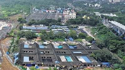 Mumbai, India - July 23, 2022 : A bird's eye view of Mumbai Metro-3 car shed at Aarey Colony, Goregaon, in Mumbai, India, on Saturday, July 23, 2022. (Photo by Vijay Bate/HT Photo) (HT PHOTO) Mumbai, India - July 23, 2022 : A bird's eye view of Mumbai Metro-3 car shed at Aarey Colony, Goregaon, in Mumbai, India, on Saturday, July 23, 2022. (Photo by Vijay Bate/HT Photo) (HT PHOTO)