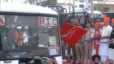 J-K LG Manoj Sinha flags off first batch of Amarnath Yatra (ANI) J-K LG Manoj Sinha flags off first batch of Amarnath Yatra (ANI)