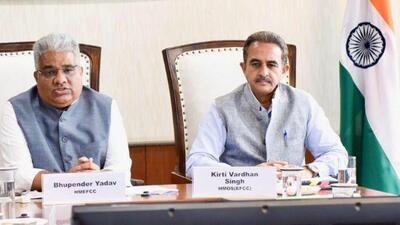 Union environment minister Bhupender Yadav (left) and MoS (environment) Kirti Vardhan Singh virtually attending the BRICS meeting on Friday. (Photo from X)
