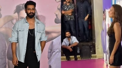 Vicky Kaushal was clicked sitting on the stairs as Triptii Dimri got clicked. Vicky Kaushal was clicked sitting on the stairs as Triptii Dimri got clicked.