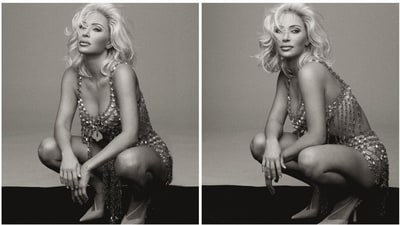 She posed for black and white photos in a bunch of different outfits, inspired by the different Hollywood eras. She posed for black and white photos in a bunch of different outfits, inspired by the different Hollywood eras. 