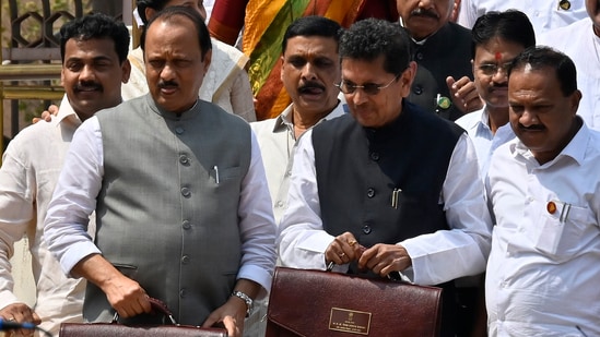 Deputy CM Ajit Pawar and Deepak Kerserkar before presenting the budget at Vidhan Bhavan on Tuesday. (Anshuman Poyrekar/ Hindustan Times)