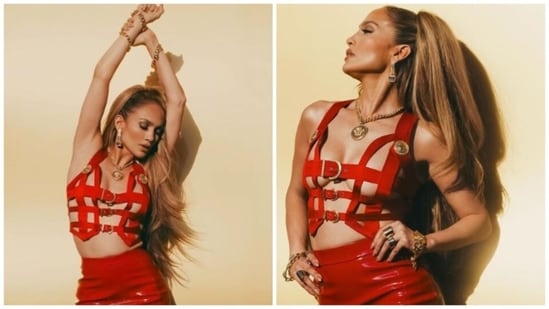 Jennifer Lopez turns up the heat in a red leather dress as she celebrates 10 years of her album A.K.A.&nbsp;