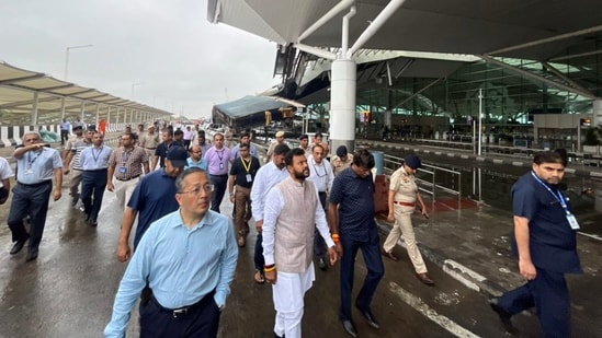 Civil Aviation Minister K Rammohan Naidu visits the Delhi airport after a portion of the roof of the Terminal-1 collapsed (PTI)
