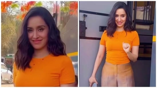 Shraddha Kapoor embraces a zesty citrus vibe in a simple orange crop top and &nbsp;pants with a tangerine ombre fade at the top, making the ensemble look perfect.