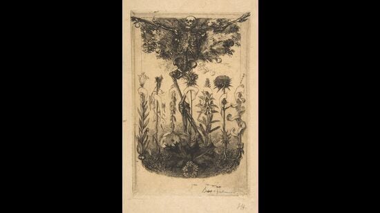 An illustration in the French poet Charles Baudelaire’s Les Fleurs du Mal (The Flowers of Evil) features a decaying skeleton, by artist Félix Bracquemond. The collection includes the poem Une Charogne (A Carcass; 1857). (Courtesy The Elisha Whittelsey Collection / The Elisha Whittelsey Fund, 1962 / The Metropolitan Museum of Art)