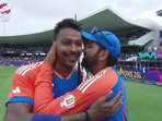 Rohit Sharma hugs and kisses Hardik Pandya after India's T20 World Cup win