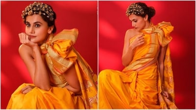 Taapsee Pannu's recent photoshoot features her in a stunning yellow saree elegantly draped around herself, giving it a modern twist. She completes her look with a stunning golden head accessory. (Instagram) Taapsee Pannu's recent photoshoot features her in a stunning yellow saree elegantly draped around herself, giving it a modern twist. She completes her look with a stunning golden head accessory. (Instagram)