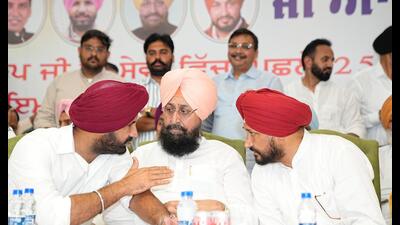 Congress leaders Amarinder Singh Raja Warring, Partap Singh Bajwa and Charanjit Singh Channi at an event in Jalandhar on Saturday. (HT photo) Congress leaders Amarinder Singh Raja Warring, Partap Singh Bajwa and Charanjit Singh Channi at an event in Jalandhar on Saturday. (HT photo)