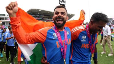India's Virat Kohli and Hardik Pandya celebrate after winning the T20 World Cup. (REUTERS) India's Virat Kohli and Hardik Pandya celebrate after winning the T20 World Cup. (REUTERS)