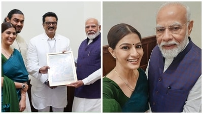 Varalaxmi Sarathkumar poses with Prime Minister Narendra Modi as she invited him to her wedding. Varalaxmi Sarathkumar poses with Prime Minister Narendra Modi as she invited him to her wedding.
