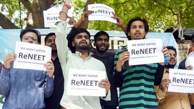 NEET aspirants protest against the alleged irregularities in the NEET-UG examination at Jantar Mantar, in New Delhi on Wednesday. (ANI) NEET aspirants protest against the alleged irregularities in the NEET-UG examination at Jantar Mantar, in New Delhi on Wednesday. (ANI)