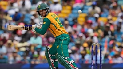 Quinton de Kock and Tristan Stubbs then put South Africa in control though. The pair put up a partnership of 58 runs in 38 balls. It ended with Stubbs falling to his Delhi Capitals teammate Axar in the ninth over on 31 off 21 balls. De Kock, meanwhile was dismissed on 39 off 31 balls by Arshdeep Singh. (PTI) Quinton de Kock and Tristan Stubbs then put South Africa in control though. The pair put up a partnership of 58 runs in 38 balls. It ended with Stubbs falling to his Delhi Capitals teammate Axar in the ninth over on 31 off 21 balls. De Kock, meanwhile was dismissed on 39 off 31 balls by Arshdeep Singh. (PTI)