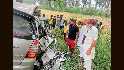 The mangled remains of a car after the mishap in the Tanda sub-division of Hoshiarpur district on Saturday.