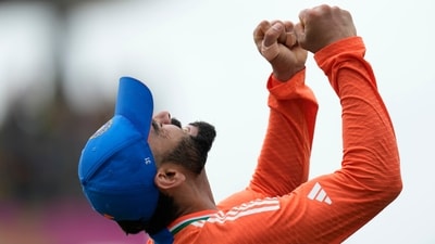 India's Virat Kohli celebrates after their win against South Africa in the ICC Men's T20 World Cup final cricket match at Kensington Oval in Bridgetown, Barbados, Saturday, June 29, 2024. (AP) India's Virat Kohli celebrates after their win against South Africa in the ICC Men's T20 World Cup final cricket match at Kensington Oval in Bridgetown, Barbados, Saturday, June 29, 2024. (AP)