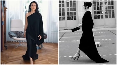 Preity Zinta's latest look showcases a stunning black gown with a one-shoulder neckline, loose fit, and a floor-sweeping train at the back. (Instagram) Preity Zinta's latest look showcases a stunning black gown with a one-shoulder neckline, loose fit, and a floor-sweeping train at the back. (Instagram)