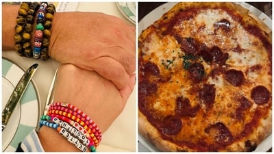 Kareena and Saif, who’ve been spending some quality time enjoying summer in Italy and London, relished a large, cheese-loaded pizza on a date. Kareena posted cute photos of their outing, and wrote, "Couples who eat pizza and run together..." The actors held hands and flaunted their cute bracelets in another photo. Kareena and Saif, who’ve been spending some quality time enjoying summer in Italy and London, relished a large, cheese-loaded pizza on a date. Kareena posted cute photos of their outing, and wrote, "Couples who eat pizza and run together..." The actors held hands and flaunted their cute bracelets in another photo.