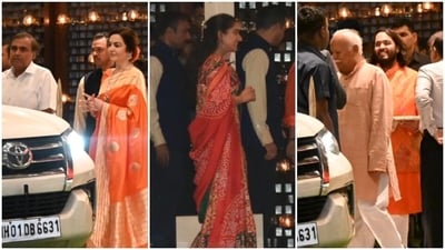 Nita Ambani, in a silk saree, and Radhika Merchant, in an anarkali, greet RSS chief Mohan Bhagwat with Mukesh Ambani and Anant Ambani. (Instagram) Nita Ambani, in a silk saree, and Radhika Merchant, in an anarkali, greet RSS chief Mohan Bhagwat with Mukesh Ambani and Anant Ambani. (Instagram)
