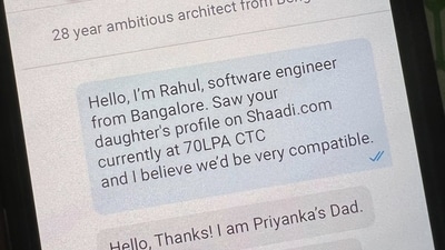 A Bengaluru engineer received a reply from a woman's father on Shaadi.com (X/@naina_2728)