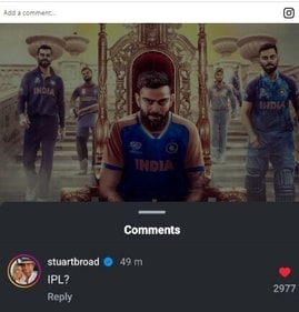 Screenshot of Stuart Broad's deleted post on Virat Kohli