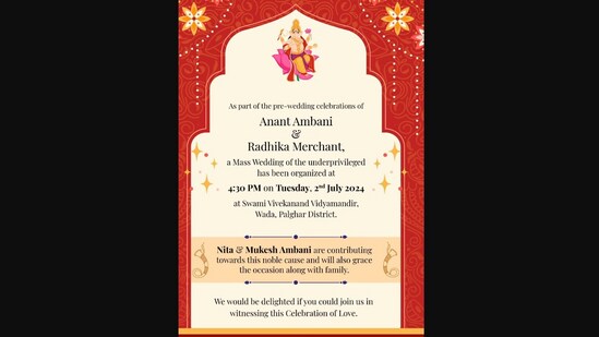 This image shows an invitation for a mass wedding organised by Mukesh and Nita Ambani as part of Anant Ambani and Radhika Merchant’s pre-wedding celebrations. (X/@ANI)