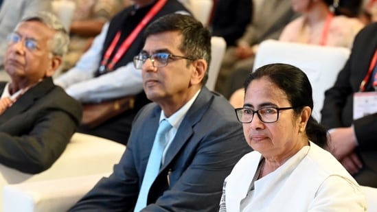 West Bengal chief minister Mamata Banerjee with Chief Justice of India (CJI) Justice DY Chandrachud during the inaugural session of the two-day East Zone II Regional Conference of the National Judicial Academy organised in collaboration with the Calcutta High Court and West Bengal Judicial Academy, in Kolkata on Saturday. (ANI)