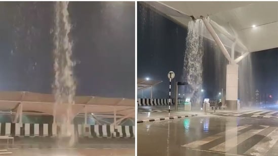 A video shows water pouring down at Delhi Airport. (X/@DeepikaBhardwaj)