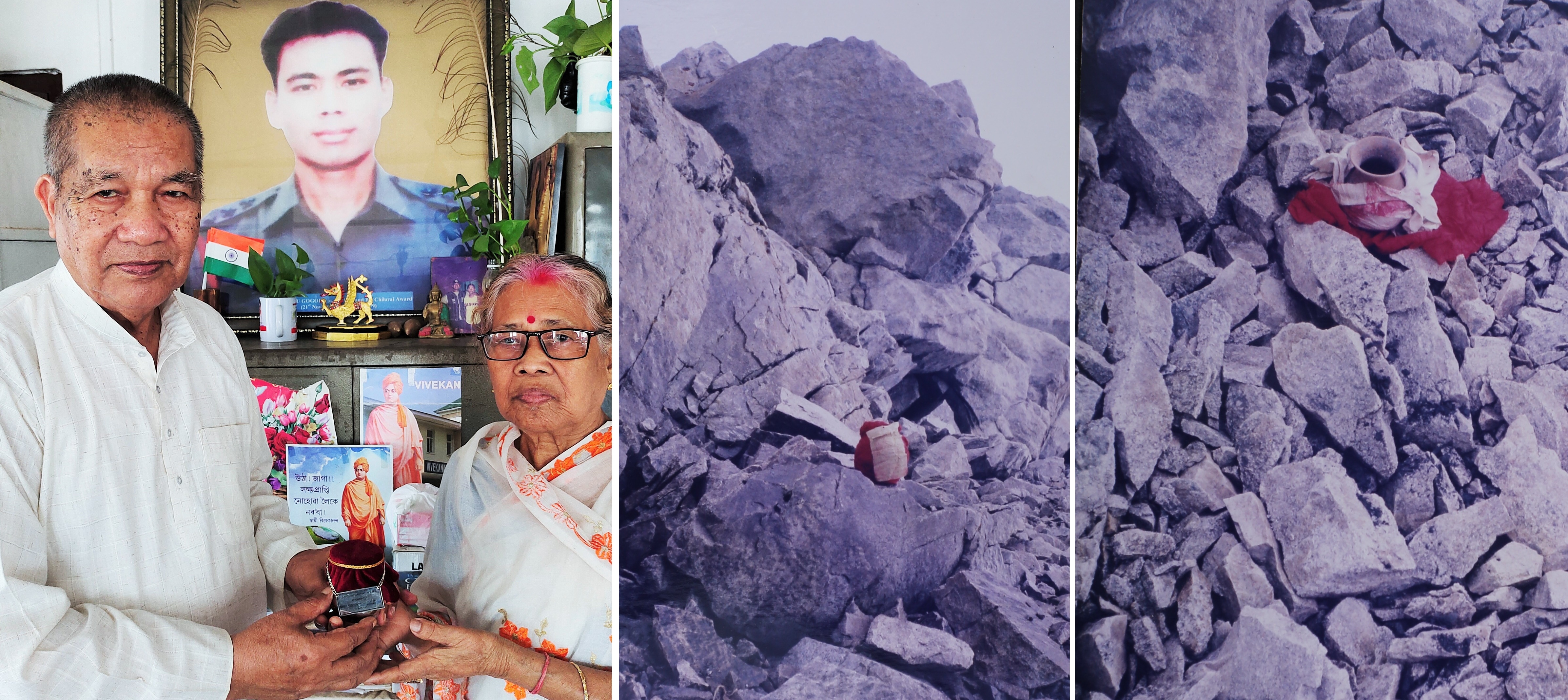 (Left) Gogois hold urn of Kaala Pathar battlefield soil in their Khumtai home; and red ‘matka’ holding Capt Jintu’s ashes dispersed on Kaala Pathar during the war. (Saurabh Gogoi and Maj P Raj Narayan)
