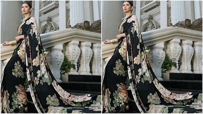 Floral sarees never go out of style, and Mahira's black saree adorned with enchanting floral prints is a testament to that. Paired with a matching blouse and golden accessories, she radiates ethereal beauty. (Instagram/@mahirahkhan) Floral sarees never go out of style, and Mahira's black saree adorned with enchanting floral prints is a testament to that. Paired with a matching blouse and golden accessories, she radiates ethereal beauty. (Instagram/@mahirahkhan)