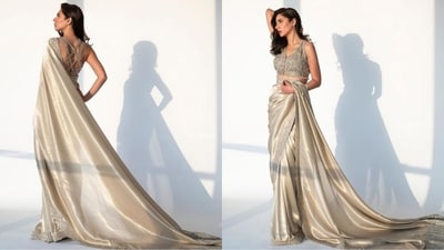 In another dazzling look, Mahira donned a beige silk saree featuring intricate sequin borders. Her stylish halterneck blouse with sequin embellishments elevated her entire look to perfection. (Instagram/@mahirahkhan) In another dazzling look, Mahira donned a beige silk saree featuring intricate sequin borders. Her stylish halterneck blouse with sequin embellishments elevated her entire look to perfection. (Instagram/@mahirahkhan)