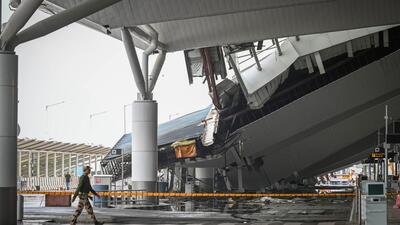 A collapsed portion of the T1 canopy. (Sanchit Khanna/HT Photo)