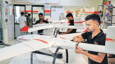 A team of engineers making a drone in a Tech Eagle manufacturing unit at sector-45 near AS tower in Gurugram on Friday. (Parveen Kumar/HT) A team of engineers making a drone in a Tech Eagle manufacturing unit at sector-45 near AS tower in Gurugram on Friday. (Parveen Kumar/HT)