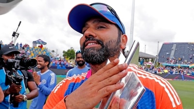 Rohit Sharma poses with the trophy. (Surjeet Yadav) Rohit Sharma poses with the trophy. (Surjeet Yadav)