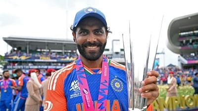 India's Ravindra Jadeja poses for a picture with the trophy after Team India wins the ICC Mens T20 World Cup 2024 final (BCCI-X)