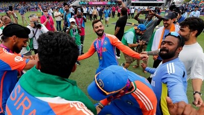 Barbados, Jun 30 (ANI): India's Virat Kohli, Arshdeep Singh, Rinku Singh and others celebrate by doing the 'Bhangra' dance on the famous 'Tunak Tunak' song after Team India wins the ICC Mens T20 World Cup 2024 final match against South Africa, at Kensington Oval in Barbados on Saturday. (ANI Photo/Surjeet Yadav) (Surjeet Yadav) Barbados, Jun 30 (ANI): India's Virat Kohli, Arshdeep Singh, Rinku Singh and others celebrate by doing the 'Bhangra' dance on the famous 'Tunak Tunak' song after Team India wins the ICC Mens T20 World Cup 2024 final match against South Africa, at Kensington Oval in Barbados on Saturday. (ANI Photo/Surjeet Yadav) (Surjeet Yadav)
