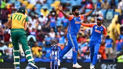 India's Jasprit Bumrah (C) celebrates after South Africa's Marco Jansen (L) is clean bowled during the ICC men's Twenty20 World Cup 2024 final cricket match between India and South Africa at Kensington Oval in Bridgetown (AFP) India's Jasprit Bumrah (C) celebrates after South Africa's Marco Jansen (L) is clean bowled during the ICC men's Twenty20 World Cup 2024 final cricket match between India and South Africa at Kensington Oval in Bridgetown (AFP)