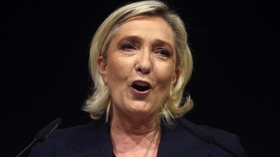 Marine Le Pen, French far-right leader and far-right Rassemblement National (National Rally - RN) party candidate, deliver a speech after partial results in the first round of the early French parliamentary elections in Henin-Beaumont, France, (REUTERS)