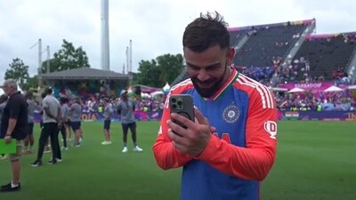 Virat Kohli during his video call with Anushka Sharma and kids after T20 World Cup win Virat Kohli during his video call with Anushka Sharma and kids after T20 World Cup win